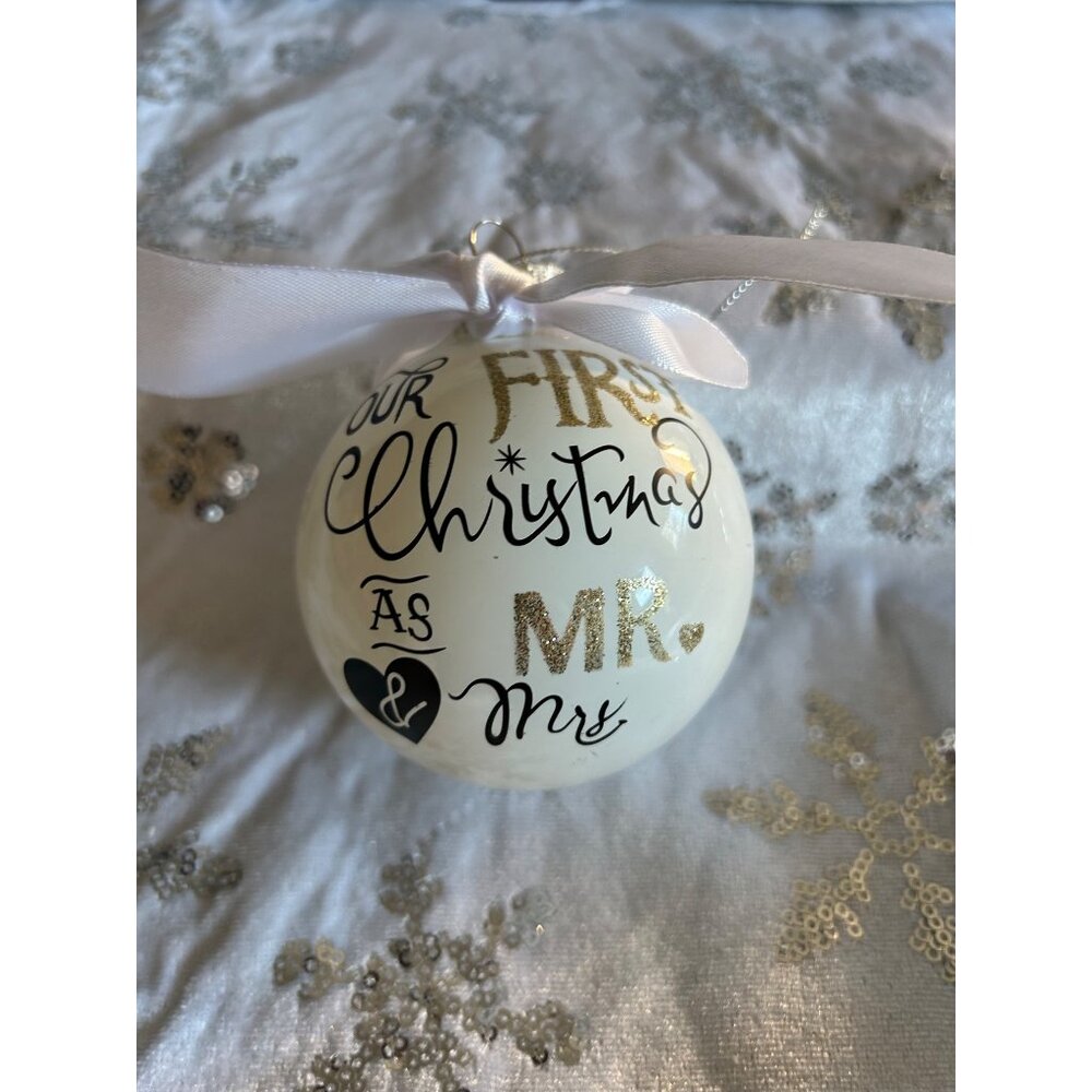 Our First Christmas As Mr. & Mrs. 2020 White Glass Ornament With Silver Ribbon